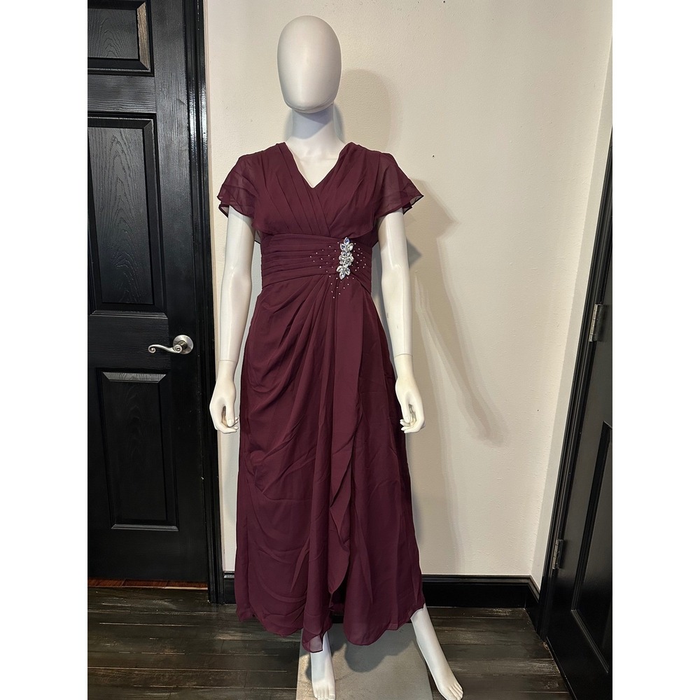 Burgundy Chiffon V-Neck Evening Gown Rhinestone‎ Waist Flutter Sleeve Maxi Dress